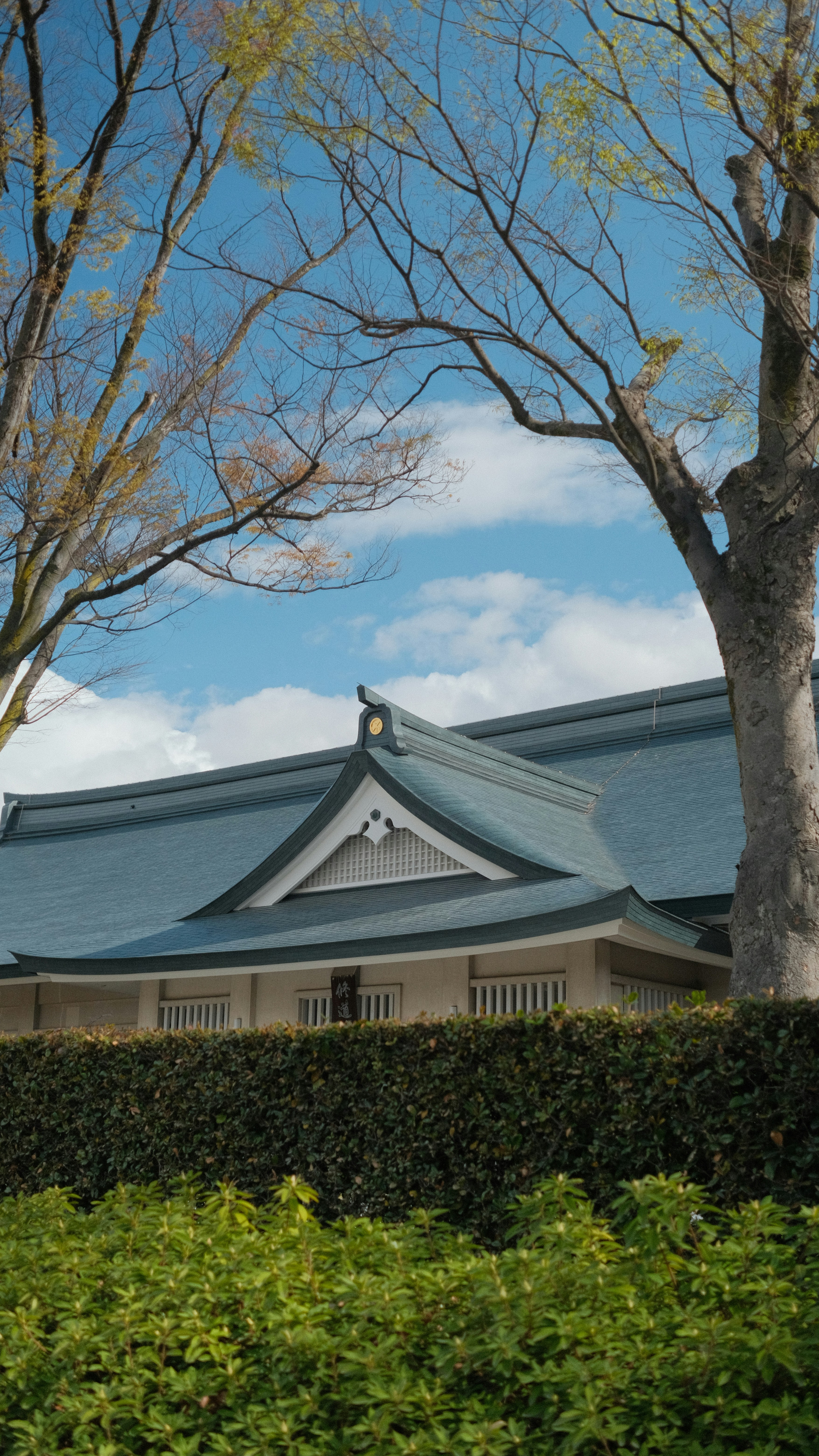 Traditional japanese building with blue roof and trees.