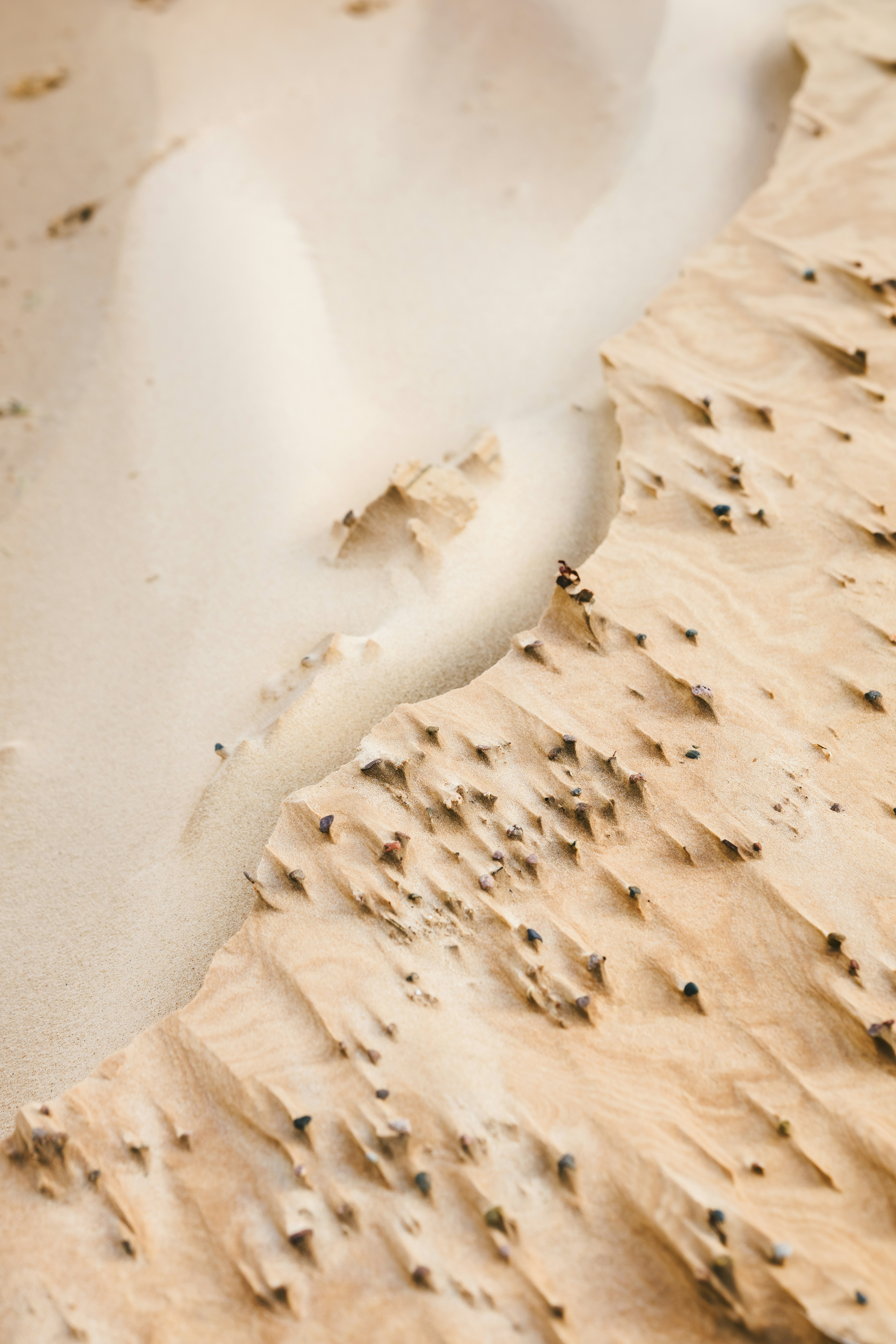 Close-up of wind-swept sand dunes with textured patterns.