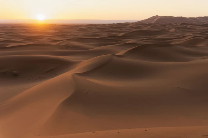 Dunes dorées du désert d'Agafay au coucher du soleil