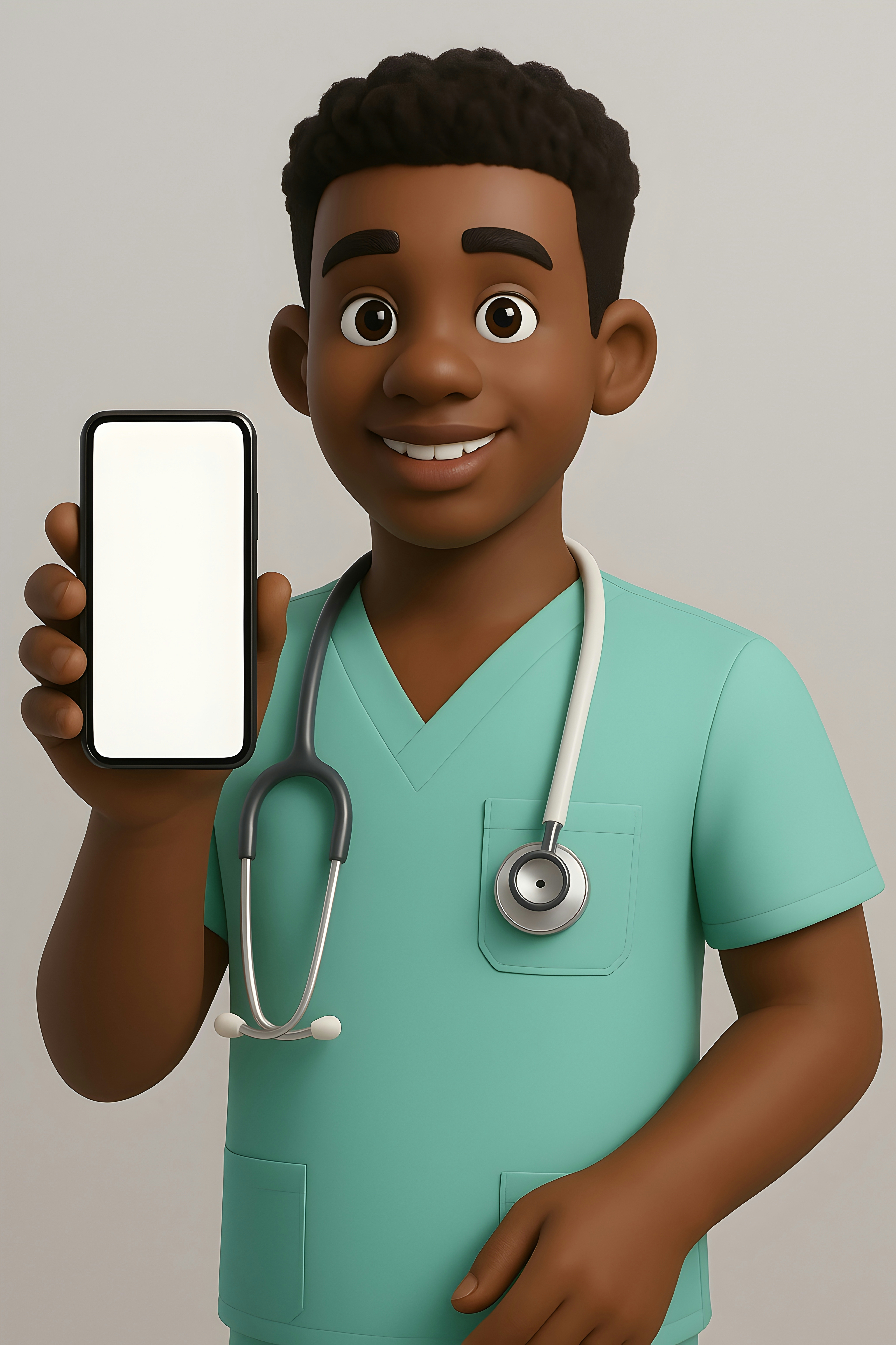 Cartoon doctor holding a smartphone with blank screen