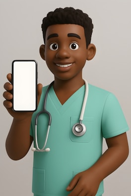 Cartoon doctor holding a smartphone with blank screen