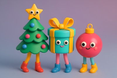 Three cartoon christmas characters standing together