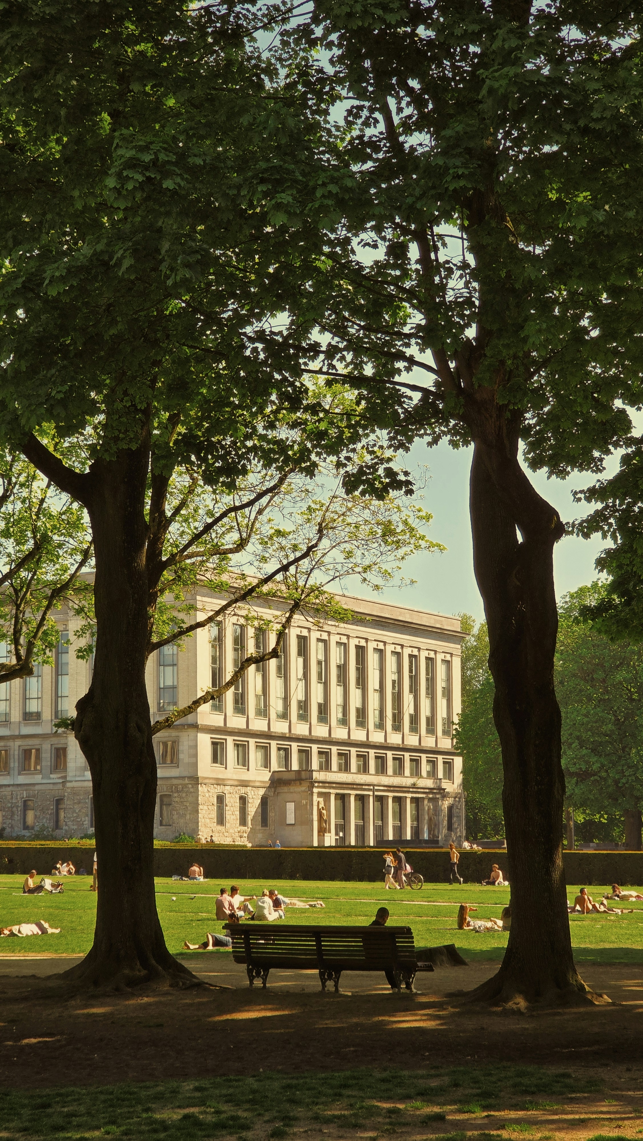 People relaxing on grass in front of a large building.