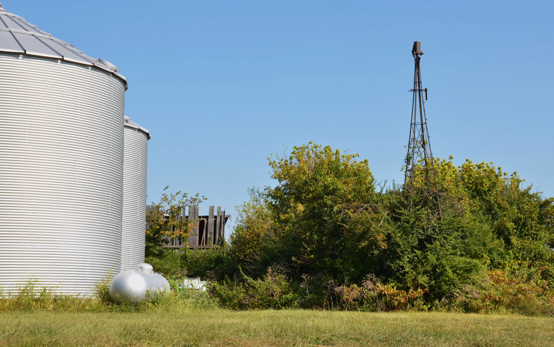 Grain silos and a propane tank on a working farm