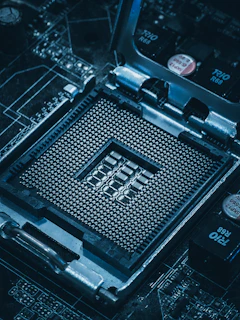 Close-up of a computer motherboard cpu socket.