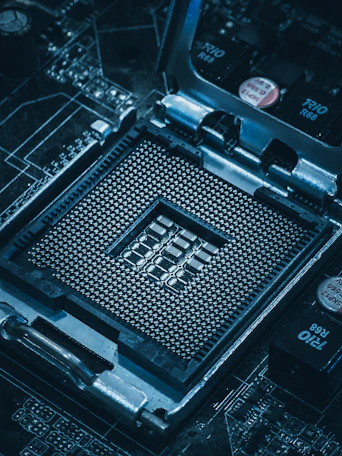Close-up of a computer motherboard cpu socket.