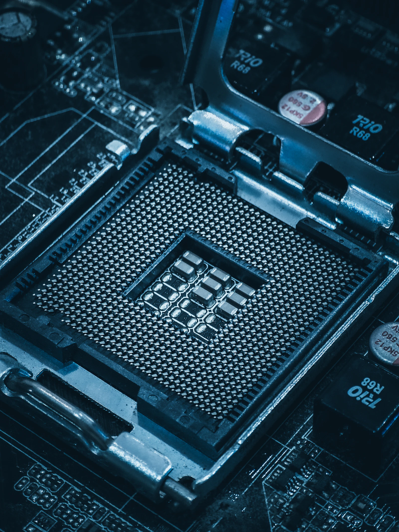 Close-up of a computer motherboard CPU socket