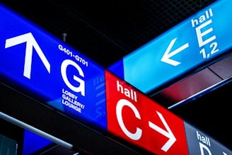 Directional signs for halls and lobby in airport
