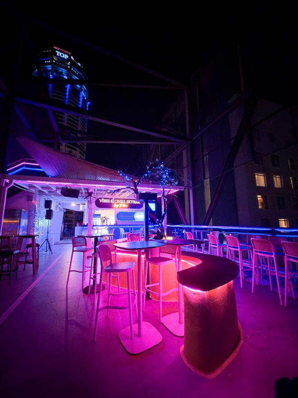 Rooftop bar with city lights at night