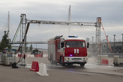 Fire truck driving through a car wash