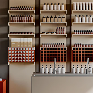 Shelves filled with various bottles and jars.