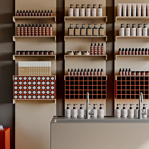 Shelves filled with various bottles and jars.