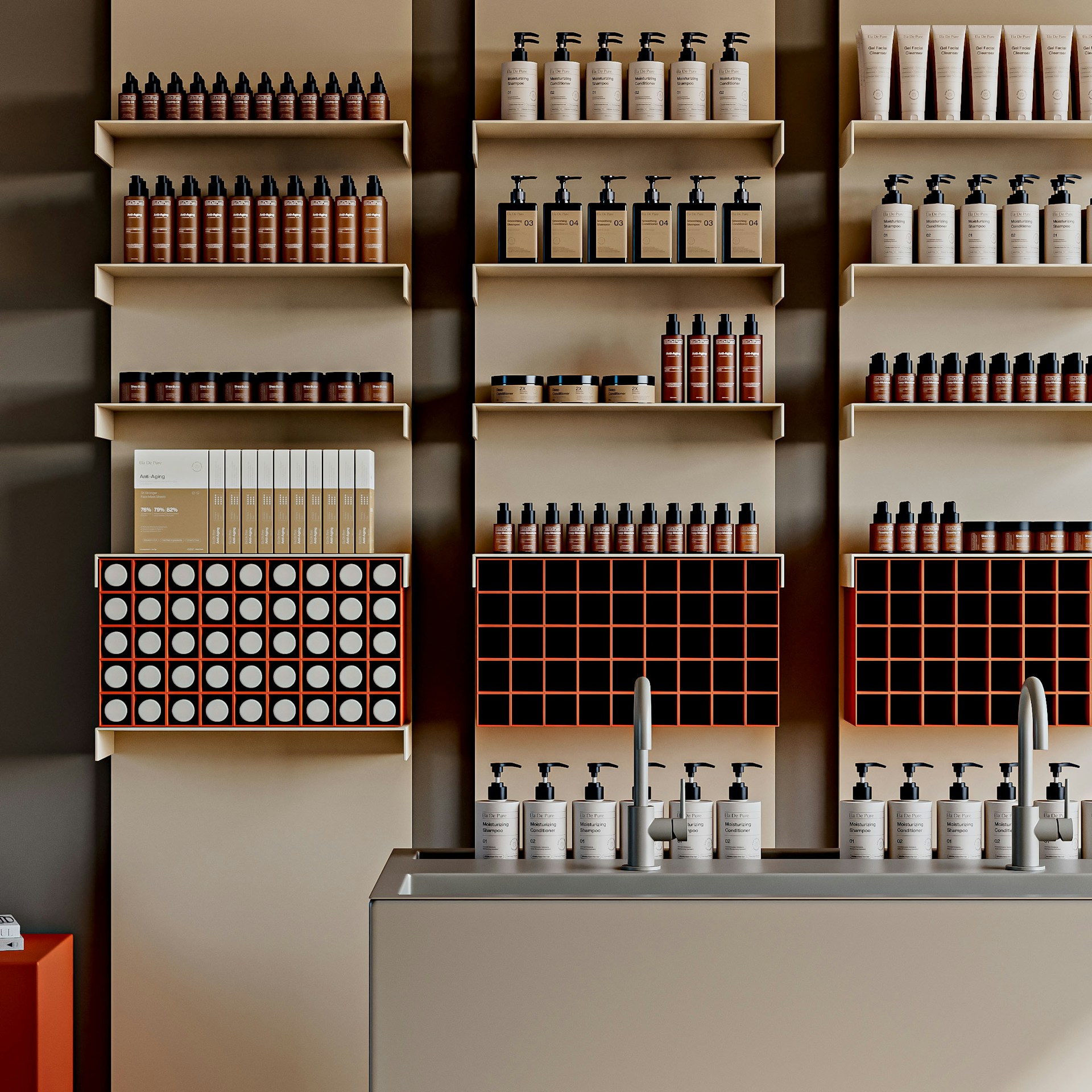 Shelves filled with various bottles and jars.