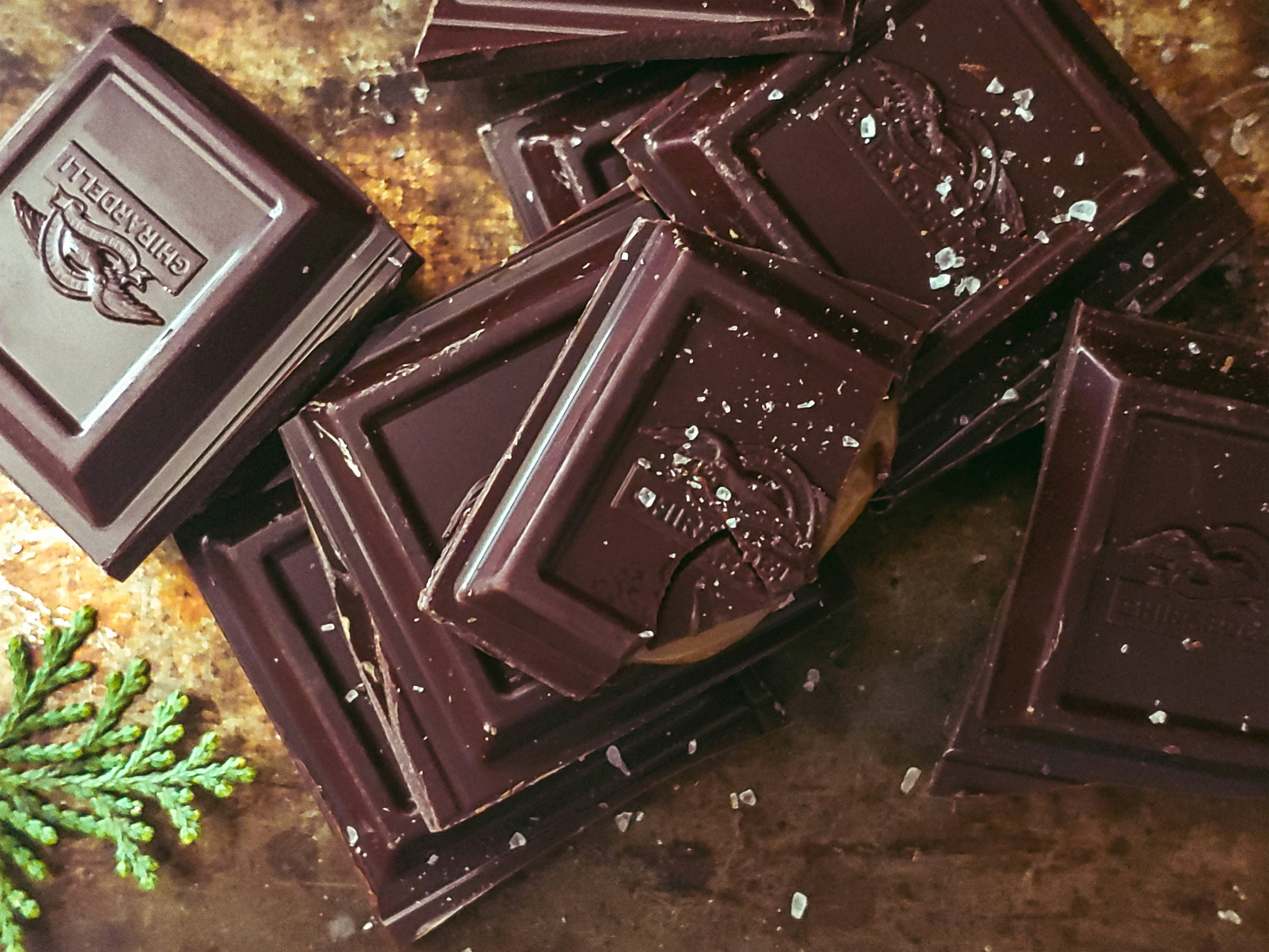 Dark chocolate squares sprinkled with sea salt