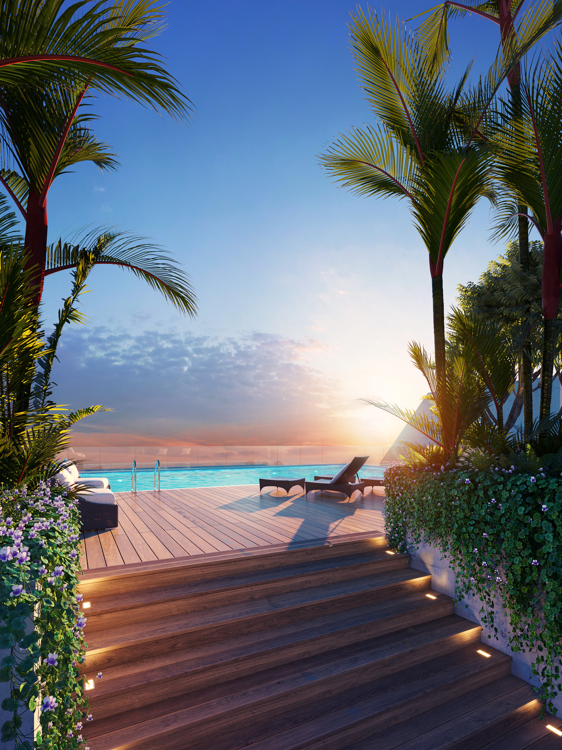 Luxury infinity pool at sunset with palm trees.