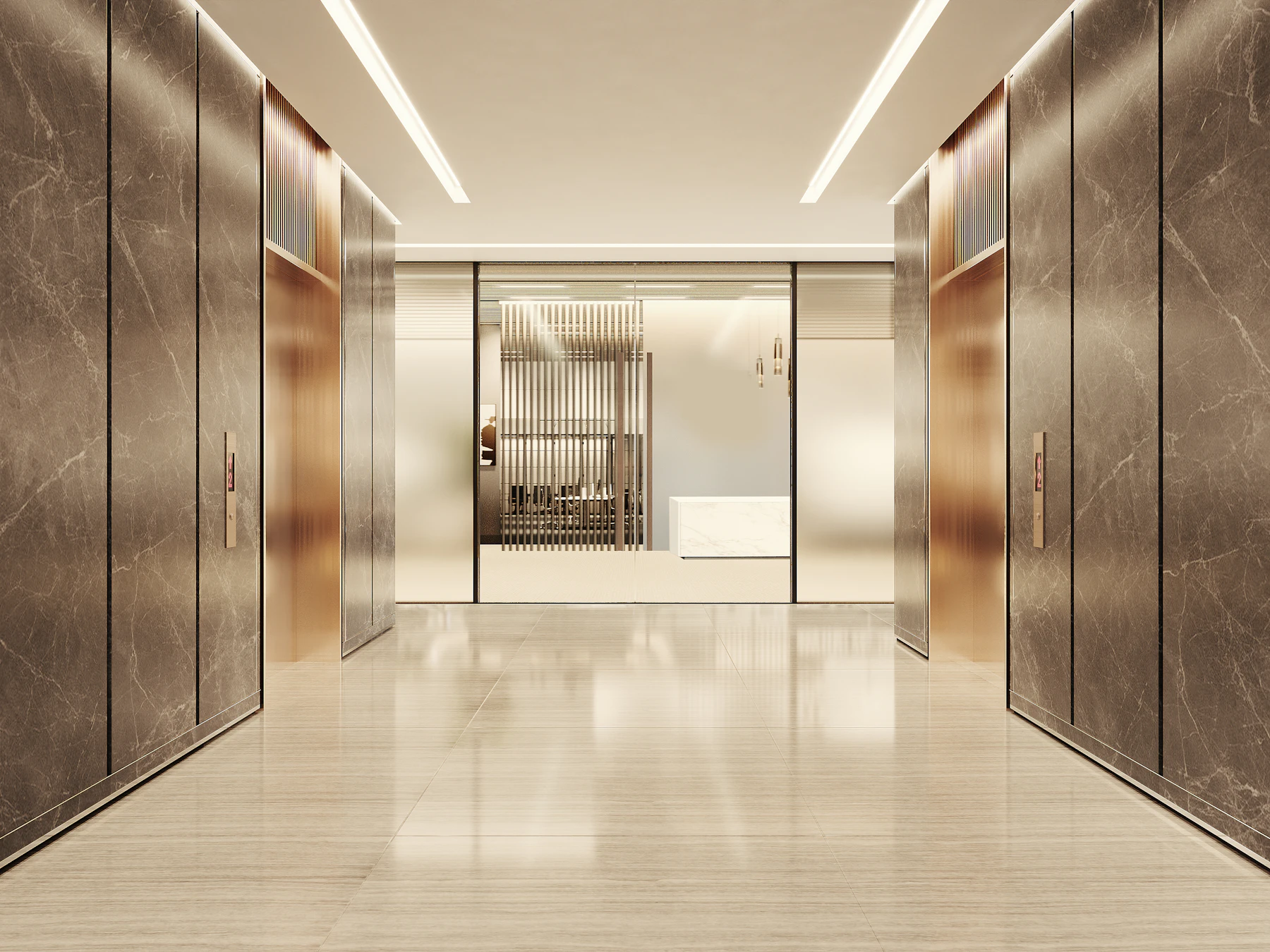 Lobby contemporáneo con ascensores, fotografía referencial