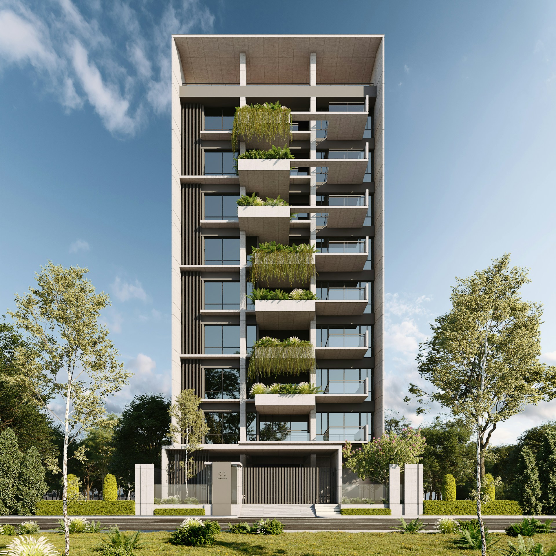 Modern apartment building with balconies and greenery.