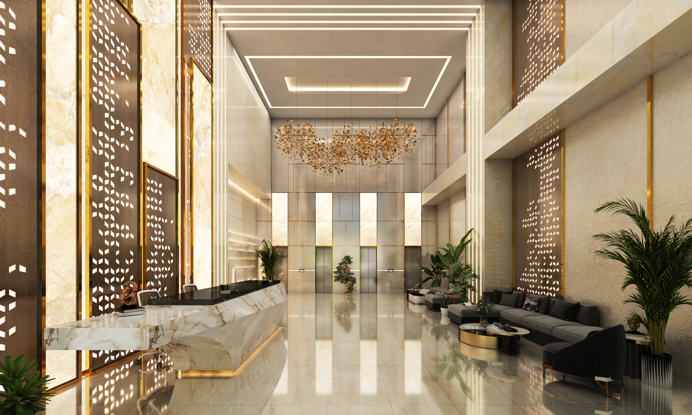 Elegant marble reception lobby with gold accents — Northstone Group