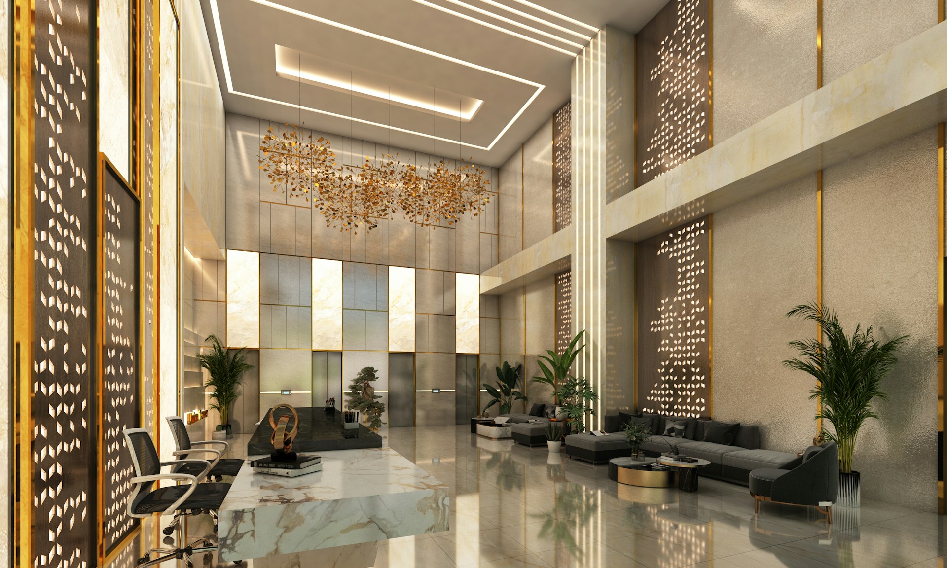 Modern lobby with marble floors and contemporary furniture