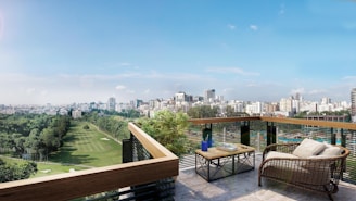 Balcony overlooking a city and golf course