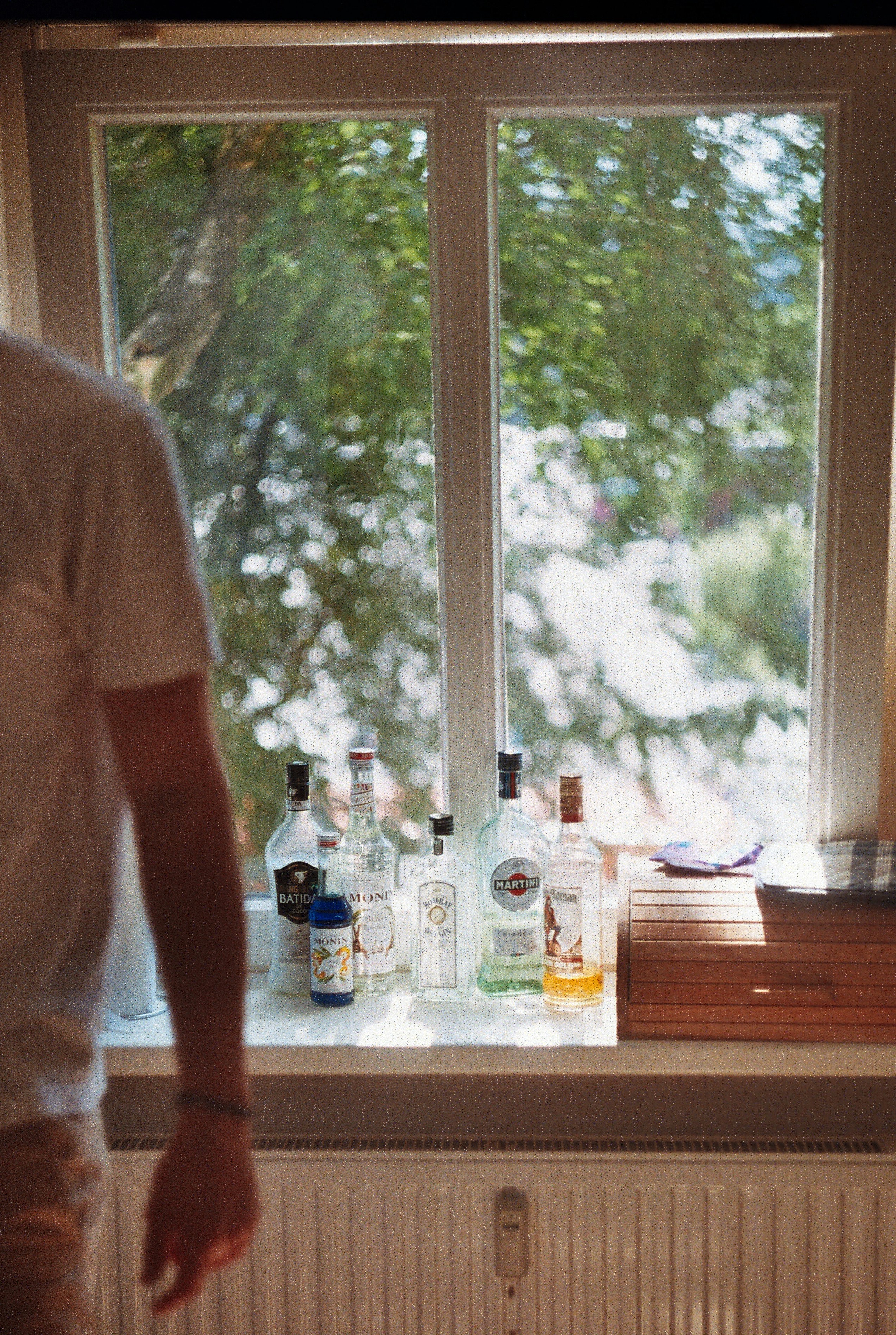 Botellas de alcohol en el alféizar de una ventana con árboles afuera.