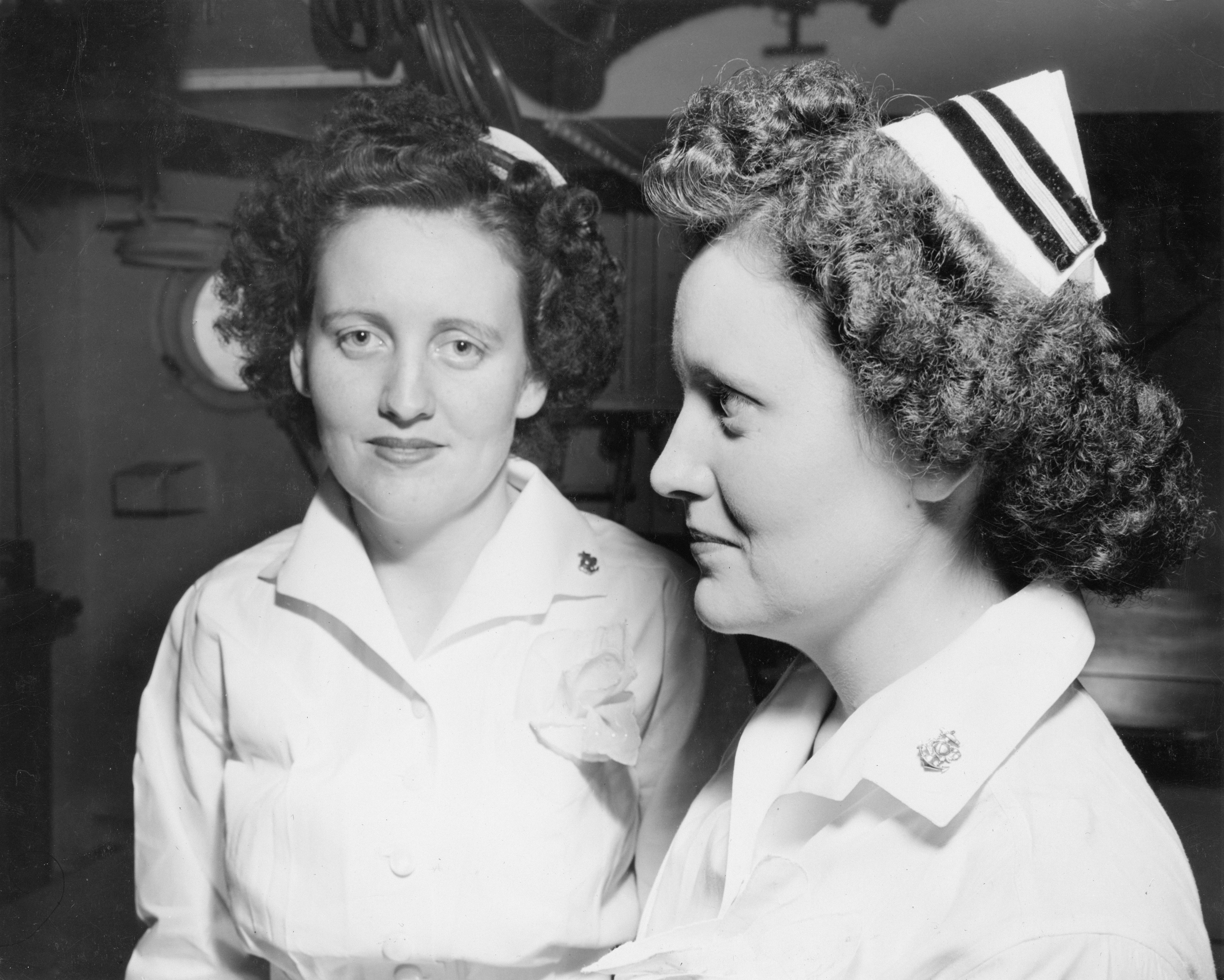 09-5083-009 Print b\u0026w 8X10 Ensign Noreen and Karen Johnson aboard the USS Relief. [Nurses. Nursing.][Portraits.][Hospital ships. Transport of sick and wounded.][Scene.] Relief (AH-1) WWII Pics Navy Medicine Historical Files Collection - Hospital ship series