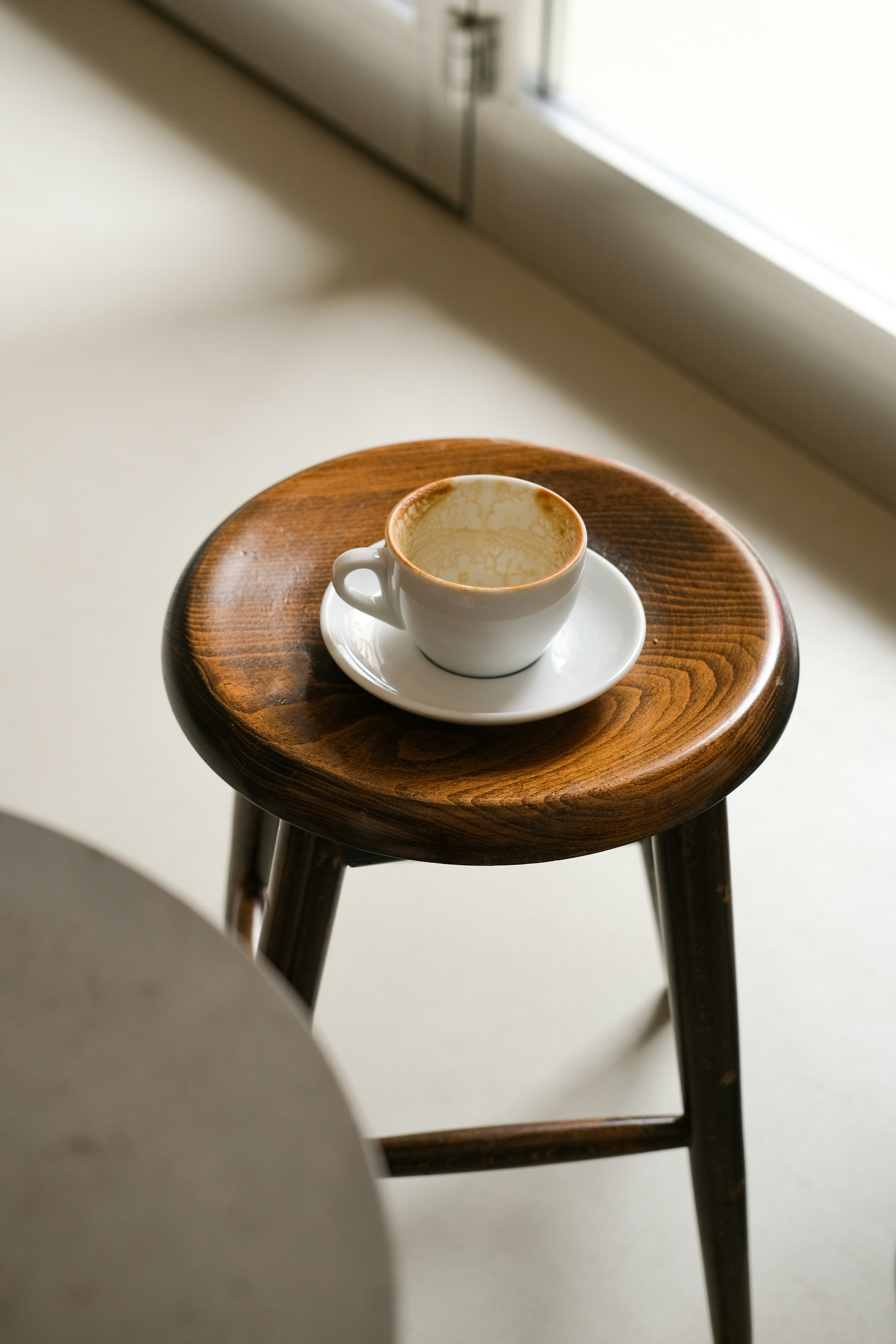 Empty coffee cup on a wooden stool