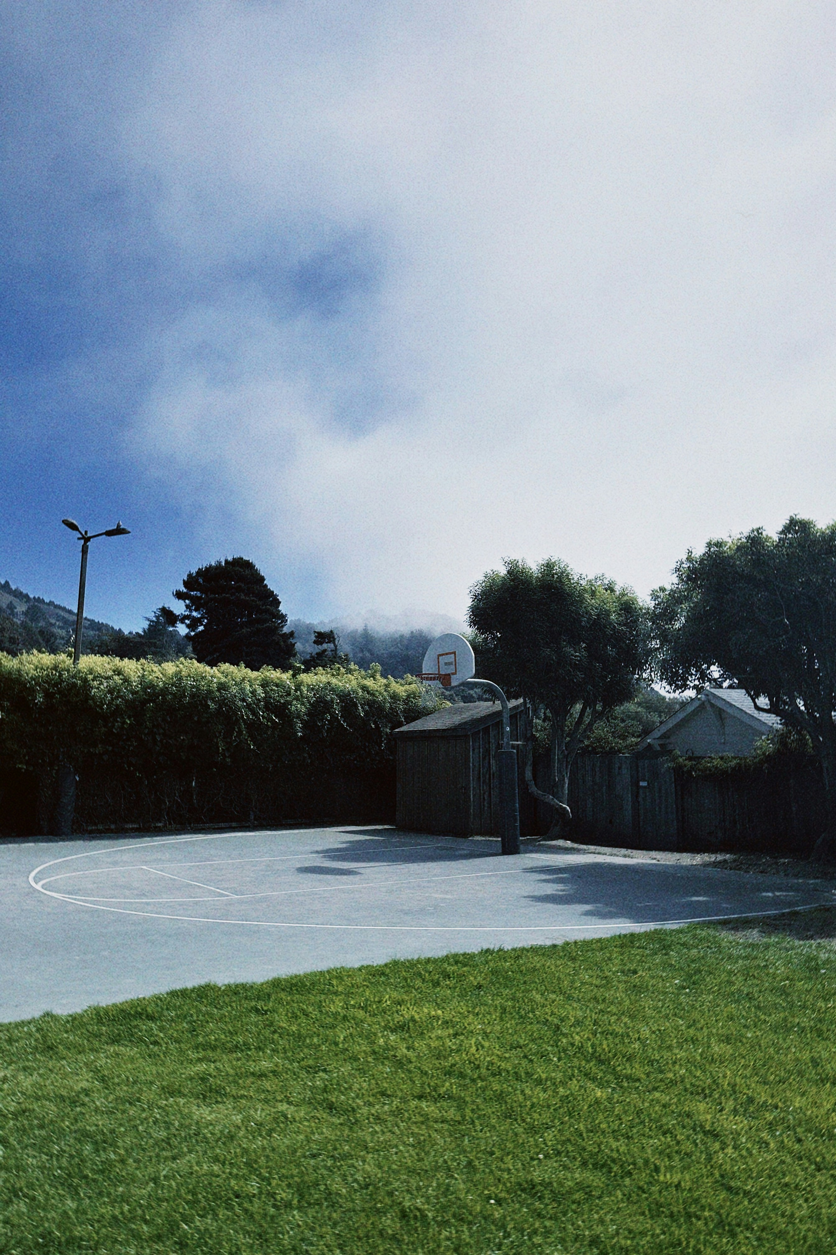 Basketball court with hoop and trees under sky.