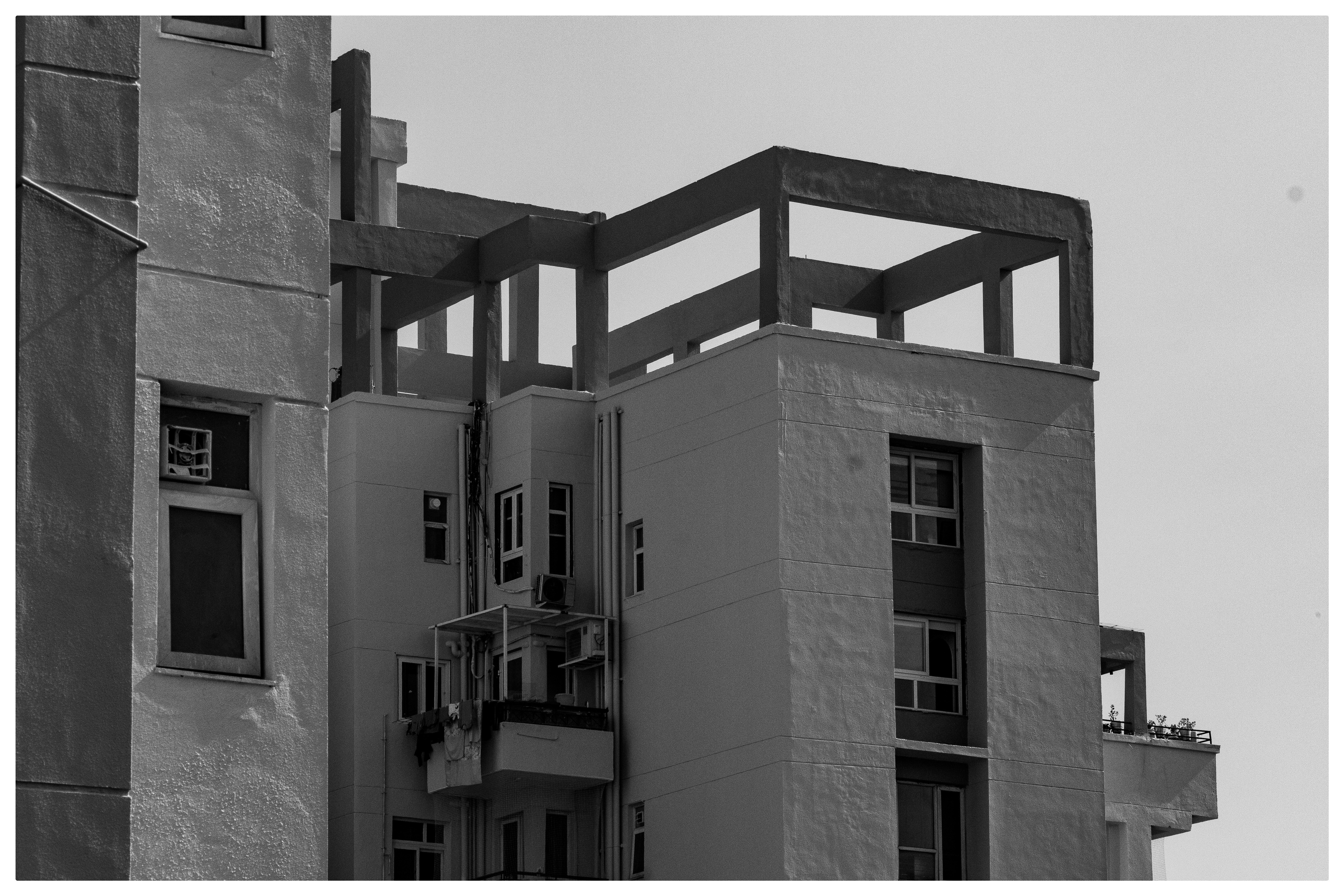 Modern building exterior with geometric architectural elements.