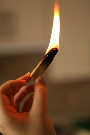 A hand holds a burning palo santo stick.
