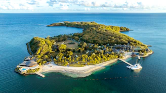 Lush green island resort surrounded by clear blue ocean water.