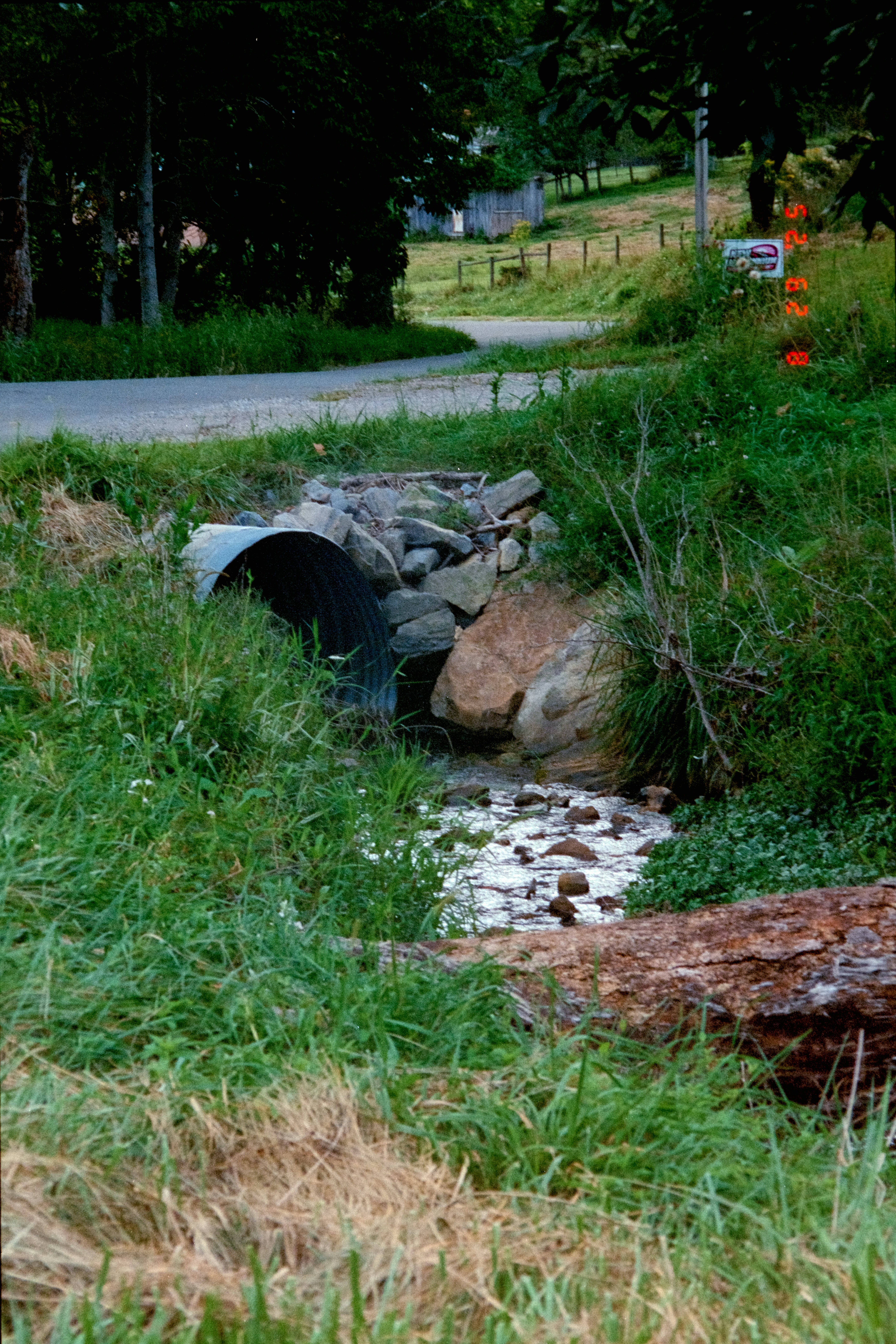 Creek flows through culvert under a rural road.
