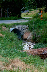 Creek flows through culvert under a rural road.