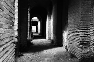 Dark ancient brick hallway with arched openings