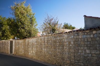Stone wall with a small door and trees.