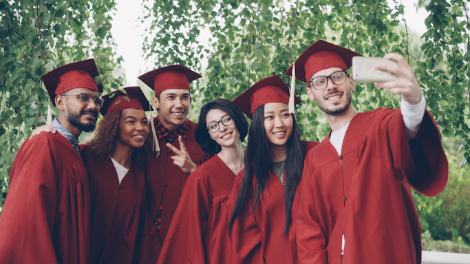 Graduates in red gowns taking a selfie outdoors.