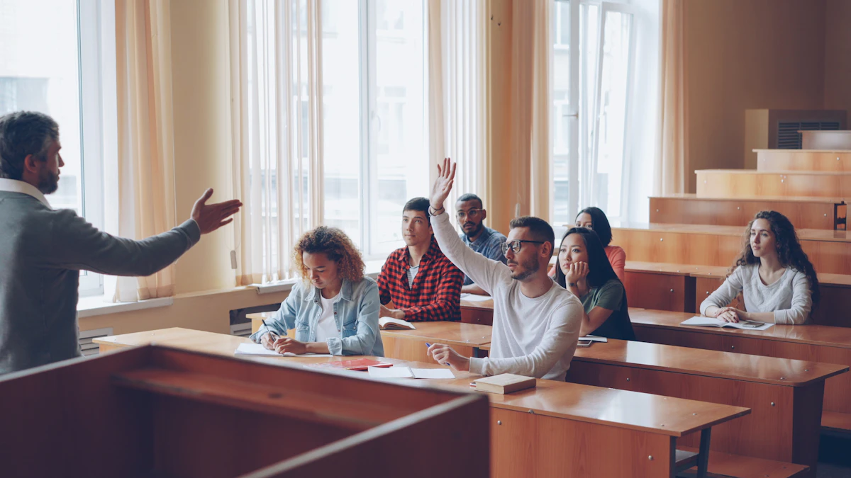 Students engaging with a professor in a university lecture hall