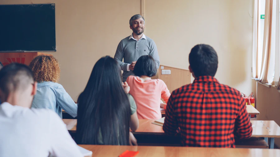 A teacher lecturing students in a classroom