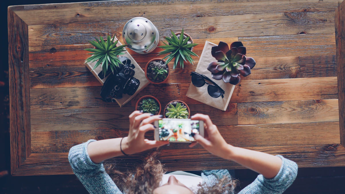 Hands photographing potted plants with a phone on a wooden table