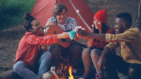 Friends toasting drinks around a campfire with guitar
