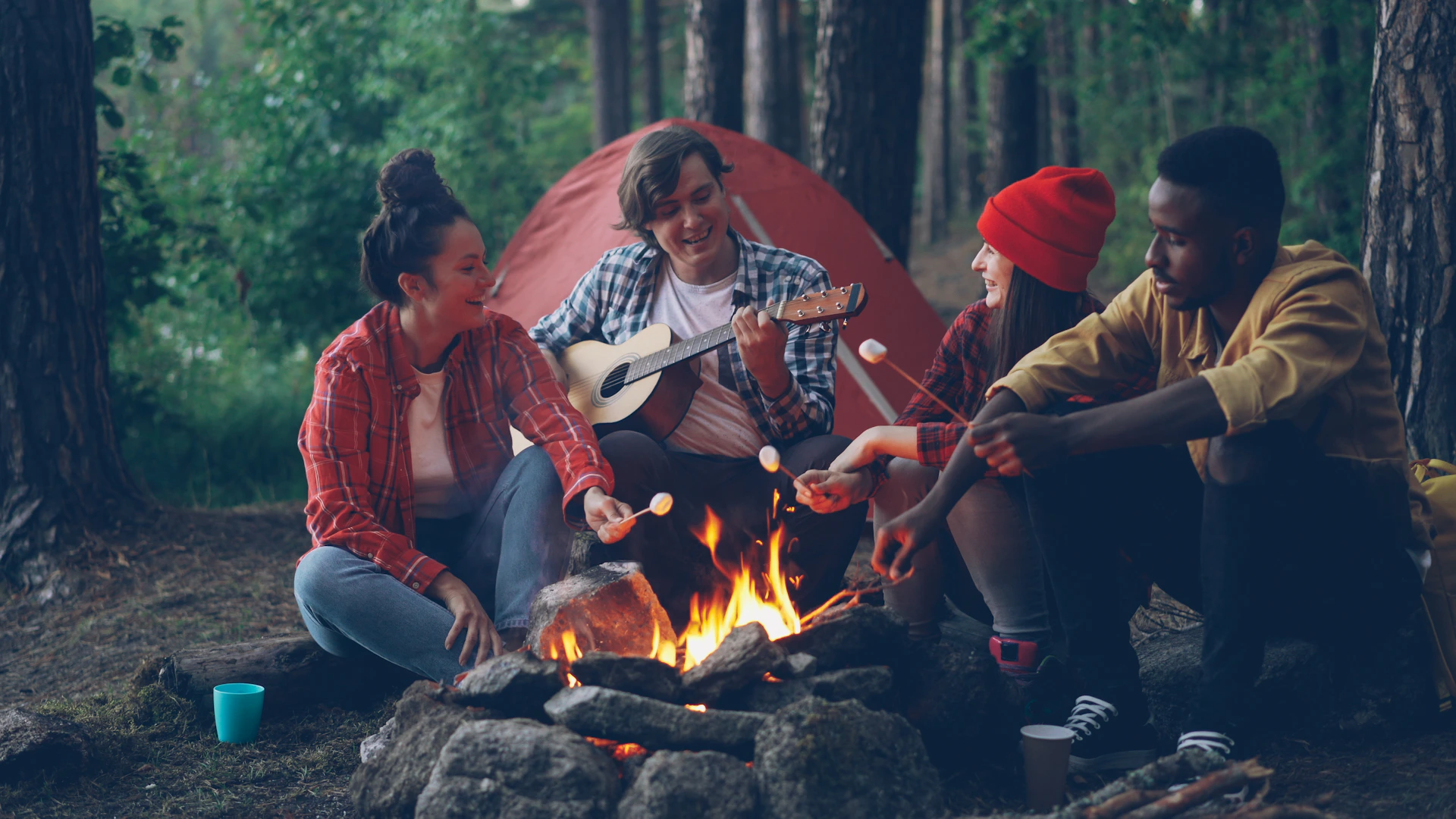 Friends enjoy a campfire and music in the woods.