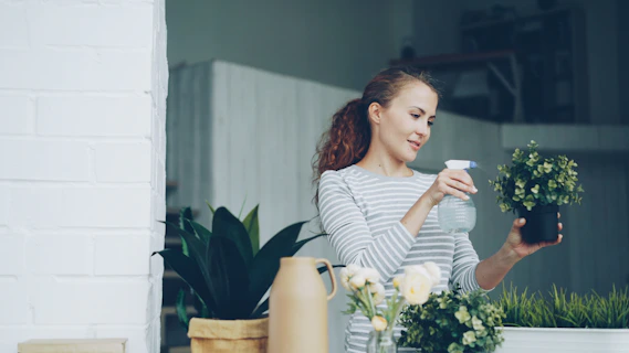 Woman watering plants on a balcony