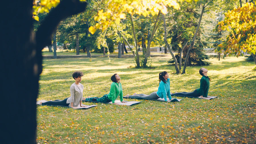 Groupe pratiquant le yoga dans un parc en automne
