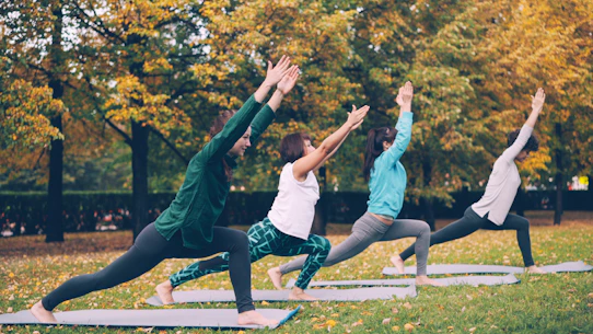 Four people practicing yoga outdoors in autumn park.