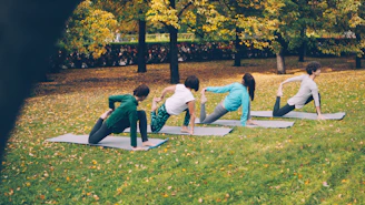 People practicing yoga on mats in a park.