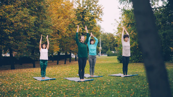 People practicing yoga in a park during autumn
