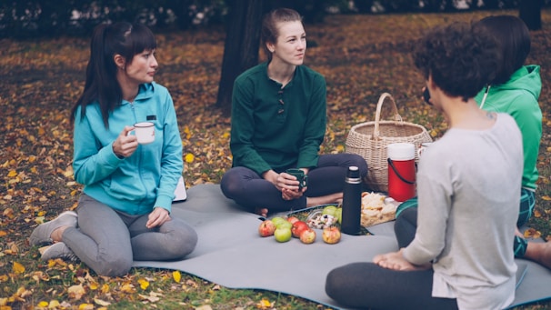 Four friends enjoying a picnic in the park