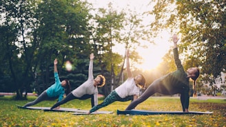 People practicing yoga in a park at sunset