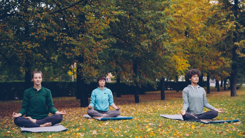 Three people meditating in a park