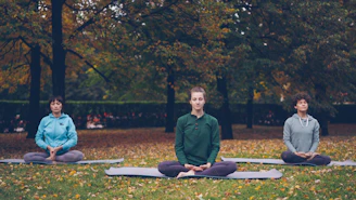 Three people meditating in a park during autumn